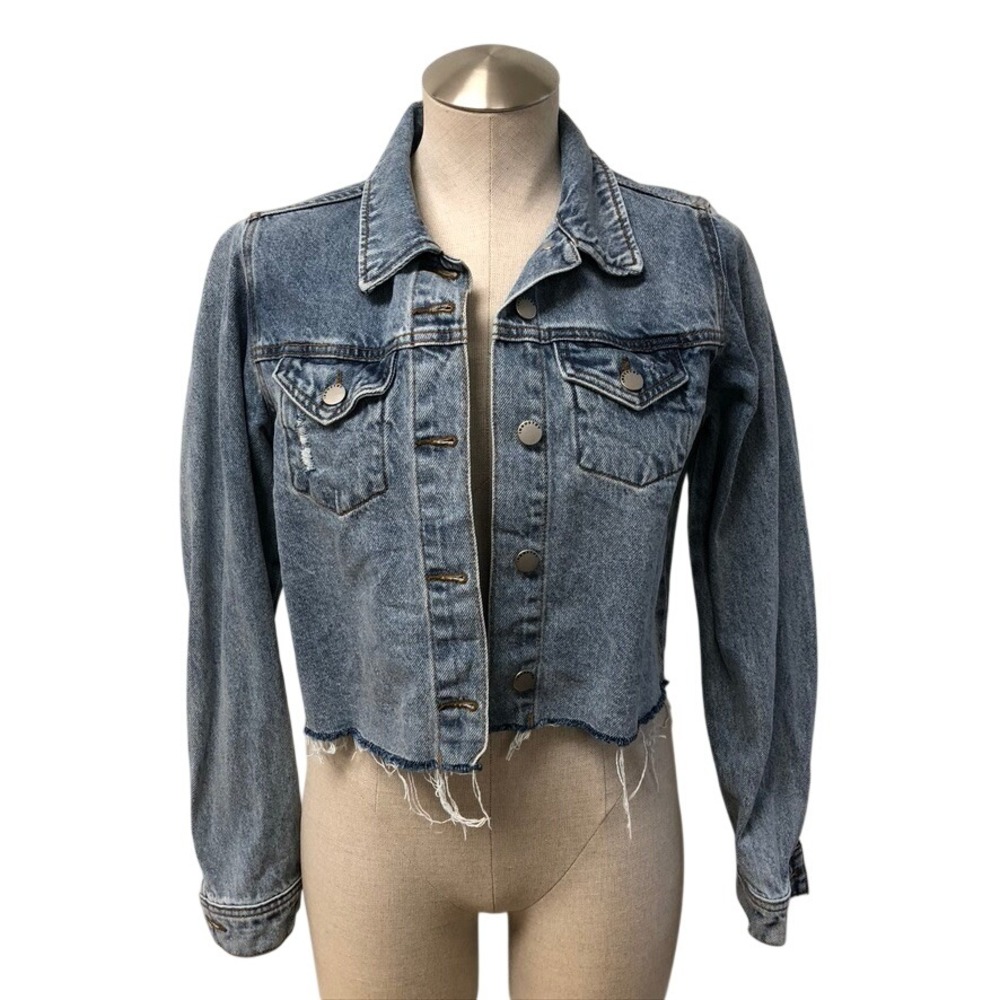 Industry Denim Jacket Women Small Blue Cropped Raw Hem Distressed 100% Cotton